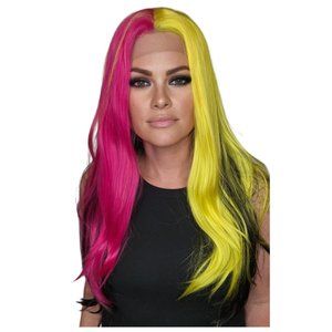 Limited Edition Pink Yellow Half Split Black Back Straight Lace Front Wig
